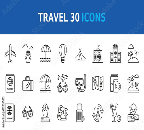 Illustration of a collection of 30 travel icons representing vacation, journey, and tourism, isolated on white background