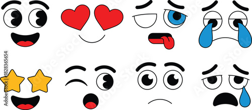 Playful Cartoon Emoticons Collection with Hearts Stars and Tears for Emotional Expression