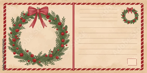 Send heartwarming holiday greetings with this charming vintage Christmas postcard featuring a festive wreath and space for personalized messages this season
