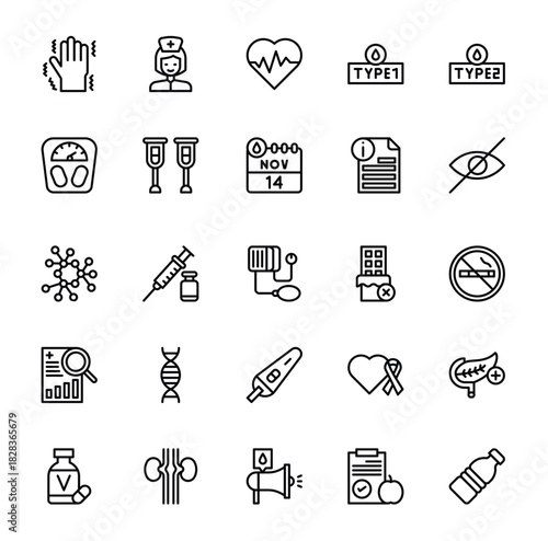 Diabetes, Healthcare, and Medical Line Icon Set. Collection of Insulin, Treatment, and World Diabetes Day Outline Symbols.