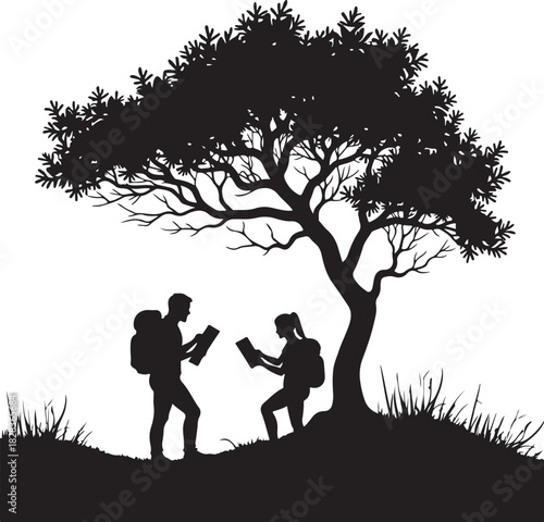 Silhouette of hikers with backpacks reading maps under a tree