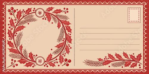 Send Holiday Cheer with this Festive Postcard Template Featuring a Holly Berry Wreath and Rustic Charm, Perfect for Christmas Greetings and Seasonal Messages