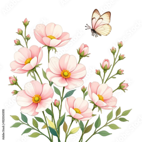 Wallpaper Mural Vector illustration of delicate pink cosmos flowers in bloom with a butterfly on transparent Background, perfect for holyday card and dacor. Beautiful pink cosmos flowers with green leaves & butterfly Torontodigital.ca