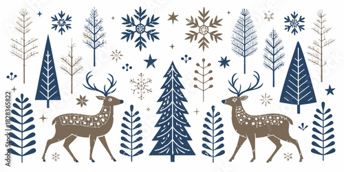 Charming winter wonderland scene with reindeer, snowflakes, and trees for festive holiday designs and seasonal greetings created from scalable vector art