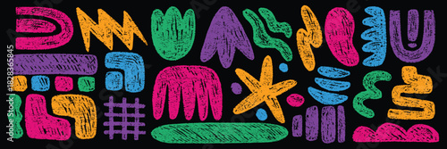 Multicolored crayontextured abstract shapes are arranged against a black background