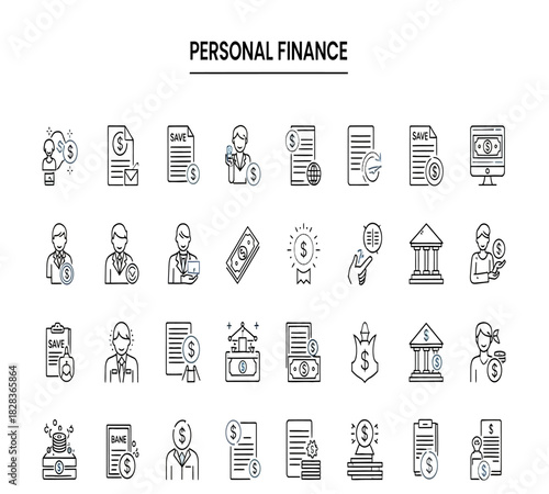 Illustration of personal finance line icons set for money management, banking, investment, and budgeting, isolated on white background
