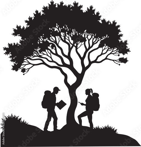 Silhouette of hikers with backpacks under a large tree