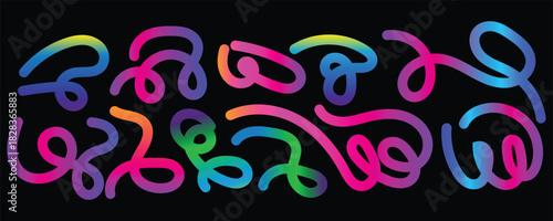 Set of playful doodle vector assets with multicolor transitions suitable for branding and visual identity