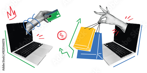 Pop Art Collage Illustration of Vintage Hands Emerging from Laptops Exchanging Credit Card for Shopping Bags depicting E-commerce
