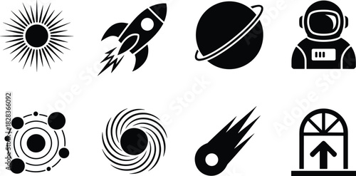 Futuristic Space Exploration Icons Featuring Rocket Planet and Astronaut Helmet in Bold Monochrome Style