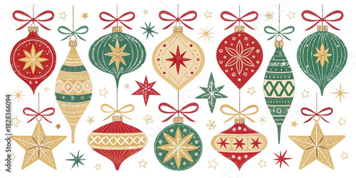 Festive Christmas ornaments and star decorations, perfect for holiday greetings or winter designs, adding a touch of seasonal cheer and vintage charm to projects