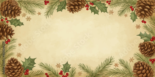 Festive pinecone frame with holly berries and delicate snowflakes, perfect for holiday greetings or rustic winter designs, evoking warmth and cheer