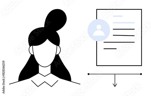 Womans silhouette alongside document displaying user profile photo and details. Ideal for recruitment, HR, verification, profile setup, user onboarding, job application, and identity representation