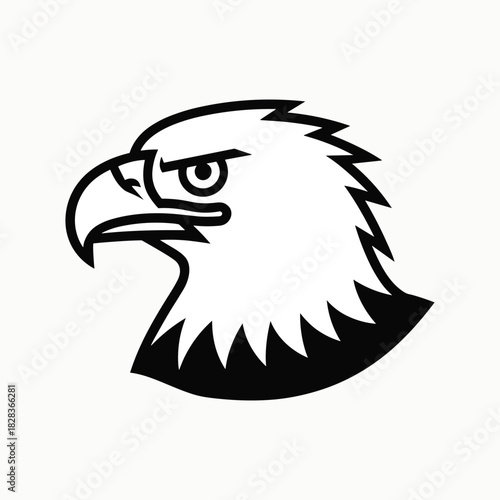 Black and white graphic illustration of an eagle head profile with sharp beak and intense eye bird