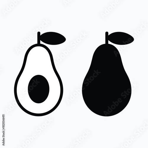 Black and white simple graphic icons of a whole pear and a halved avocado with a leaf fruit