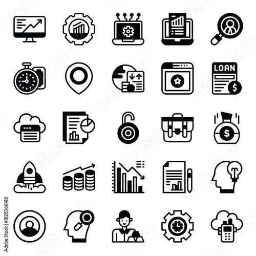 Business, Finance, and Startup Solid Icon Set. Collection of SEO, Analytics, and Management Glyph Symbols.