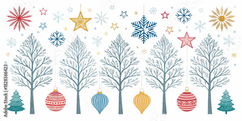 Elegant winter trees with decorative ornaments, stars, and snowflakes, ideal for festive cards, invitations, and seasonal designs, originally a scalable graphic