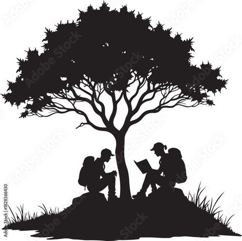 Silhouette of two hikers reading under a tree backpackers