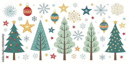 Celebrate a whimsical winter holiday with this festive assortment of Christmas trees, snowflakes, stars, and ornaments bringing a touch of playful charm