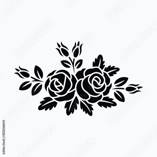 Black silhouette of two roses with buds and leaves on a white background flower