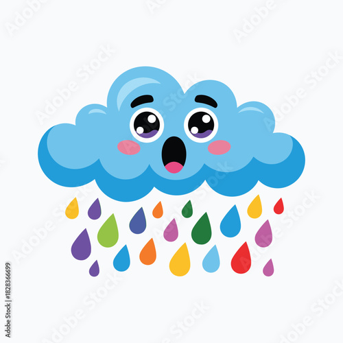Blue cartoon cloud with surprised expression raining colorful drops vector