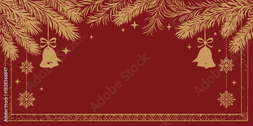 Elegant holiday cheer radiates from this gold and red frame, with seasonal bells, stars and snowflakes, perfect for winter greetings and festive designs