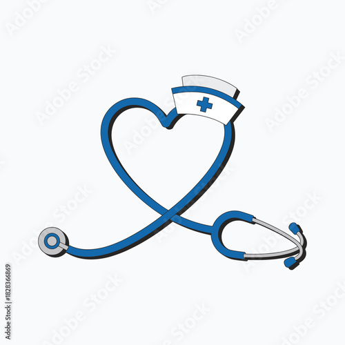 Blue heart shaped stethoscope with nurse cap and cross symbol medical healthcare