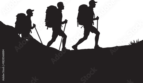 Three hikers with backpacks and poles ascend a hill