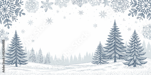 Enchanting winter wonderland scene with snow-covered trees and delicate snowflakes falling creates a serene and magical atmosphere perfect for holiday designs