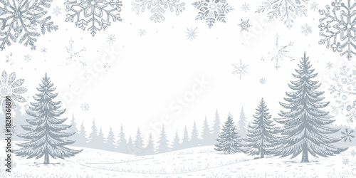 Enchanting winter wonderland scene with delicate snowflakes falling amidst frosted trees, perfect for holiday greetings and seasonal promotions