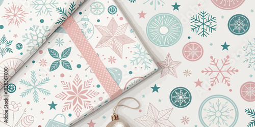 Charming Christmas presents wrapped in whimsical snowflake paper with ornaments, perfect for holiday cards, gift tags, and winter celebrations