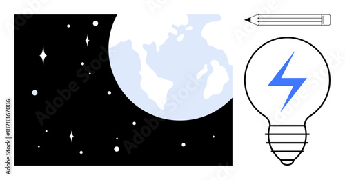Earth in outer space with stars, glowing light bulb with blue lightning, and pencil. Ideal for innovation, energy, creativity, space, science sustainability global concepts. Simple flat metaphor