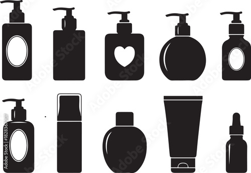 Black silhouette illustration of various cosmetic bottles and containers on white