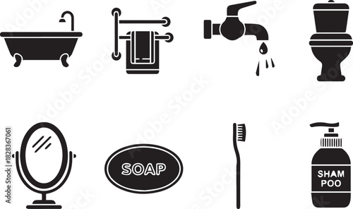 Black and White Bathroom Icons Set for Design and Decoration Elements