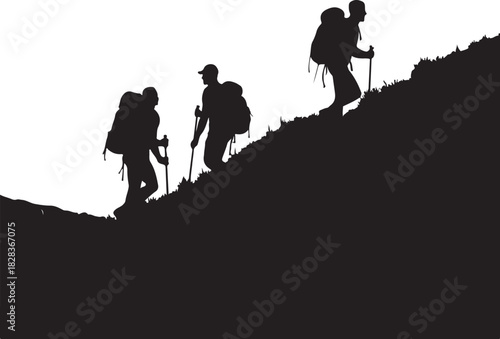 Three hikers with backpacks ascend a grassy hill hiking