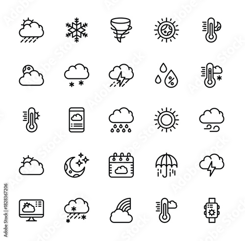 Weather Forecast and Meteorology Line Icon Set. Collection of Climate, Season, and Temperature Outline Symbols.
