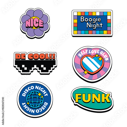 Six retrostyle stickers featuring text and designs including a flower heart pixelated glasses world globe rectangle and oval