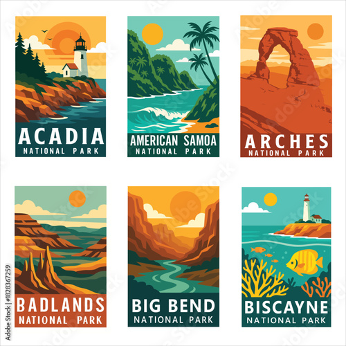 Collection of National Park Clipart, Vintage USA Park Illustration, Retro Landscape Art, Wall Decor ClipArt, Travel Poster Graphics

