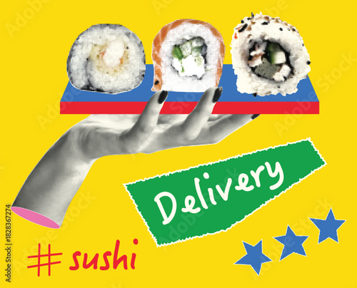 Pop Art Collage Illustration of Vintage Hand Serving Sushi Rolls with Delivery Sign for Japanese Food Promotion