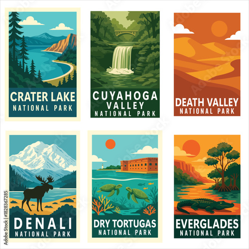 National Park Clipart Bundle, Vintage USA Park Illustration, Retro Landscape Art, Wall Decor ClipArt, Travel Poster Graphic
