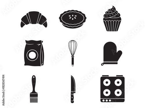 Baking Icon Collection. Pastry Baking Collection silhouette icon set: croissant, tart, muffin, whisk, flour bag, brush, oven mitt, baking tray.