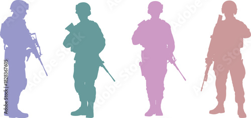 Colorful military soldier silhouettes standing with weapons, tactical armed forces figures, modern army outline illustration for design, defense and combat graphics