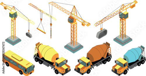 Construction cranes and cement mixer trucks illustration, industrial machinery equipment set, heavy duty vehicles, building site transport, engineering tools artwork