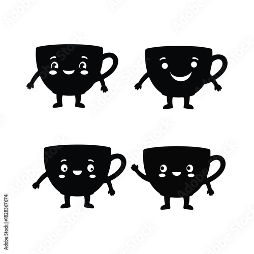 Playful cartoon coffee cups with different facial expressions