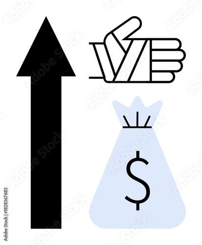 Black upward arrow, bandaged hand, and money bag with dollar sign representing finance, growth, overcoming challenges, business success, and recovery. Ideal for investing, economics resilience risk