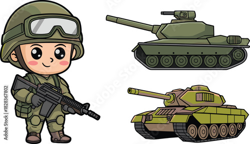 Cute chibi soldier with rifle and military gear standing beside two cartoon tanks, perfect for playful army-themed designs.