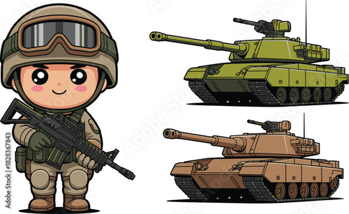 Cute chibi soldier with rifle and military gear standing beside two cartoon tanks, perfect for playful army-themed designs.