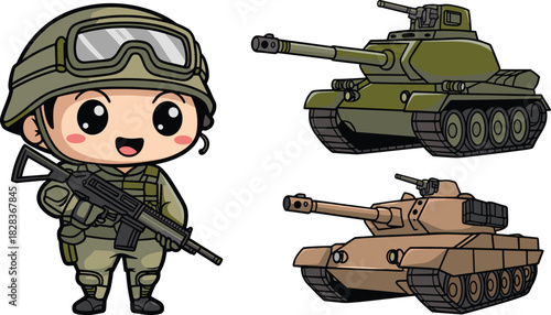 Cute chibi soldier with rifle and military gear standing beside two cartoon tanks, perfect for playful army-themed designs.