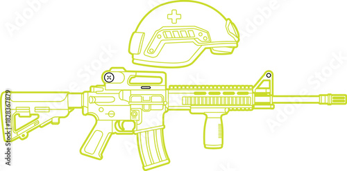 Futuristic tactical rifle illustration with military helmet, neon outline weapon design, modern combat gear concept, digital artwork for security themes