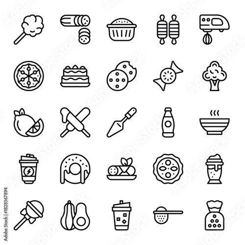 Food, Beverage, and Bakery Line Icon Set. Collection of Dessert, Cooking, and Grocery Outline Symbols.
